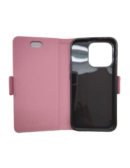 Etui anti-ondes ouvert en cuir pour Apple iPhone 16 Pro couleur rose.