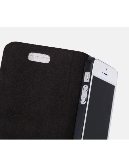 Custodia anti-radiazioni per iPhone 5 / 5s / SE in pelle premium nera (a libro)